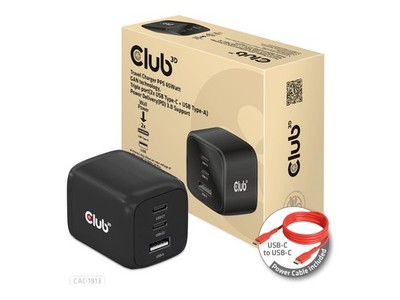 Club 3D Charger 2xUSB Type C 1xUSB A PD 65W GaN Retail CAC-1913EU
