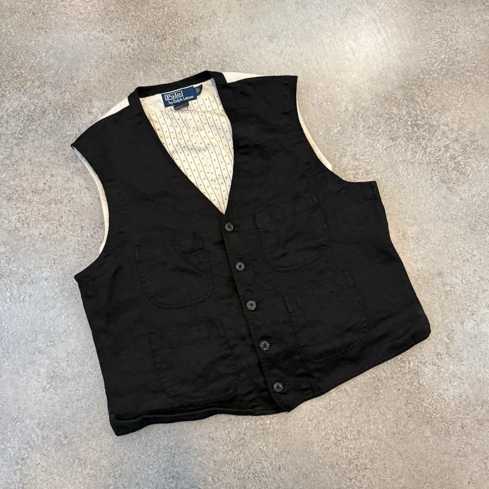 De colección Años 90 Polo Ralph Lauren Traje Chaleco Chaqueta M/L Negro Algodón Lino Abotonado Foto 2 de 4