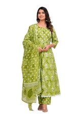 Women's Floral Print Cotton Anarkali Embroidered Kurta with Palazzo and Dupatta
