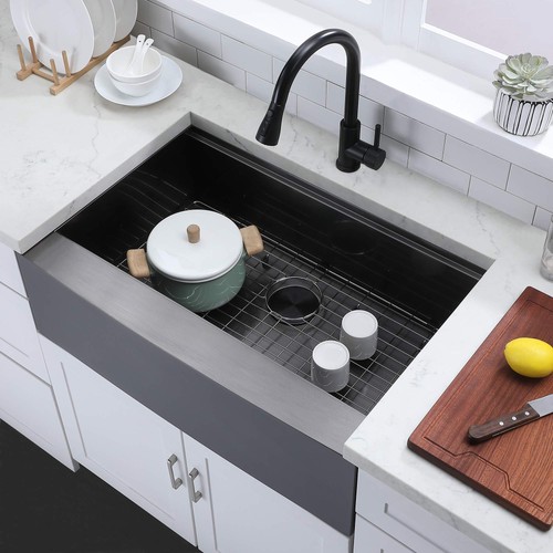 33 Inch Black Farmhouse Workstation Kitchen Sink, Large Single Bowl Stainless... - Picture 6 of 8