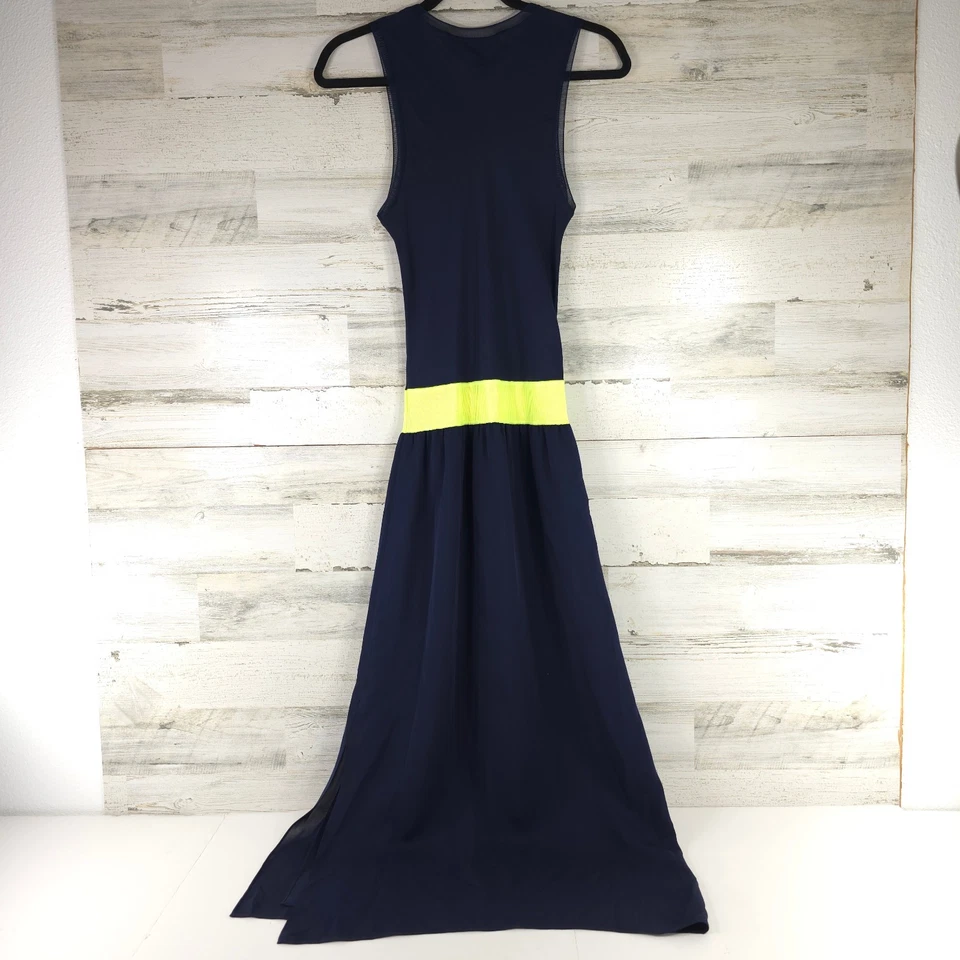 $395 Vestido THEORY Lewie Midi de Seda Azul Marino Amarillo Neón Para Mujer Talla Pequeña DEFECTOS Foto 3 de 4