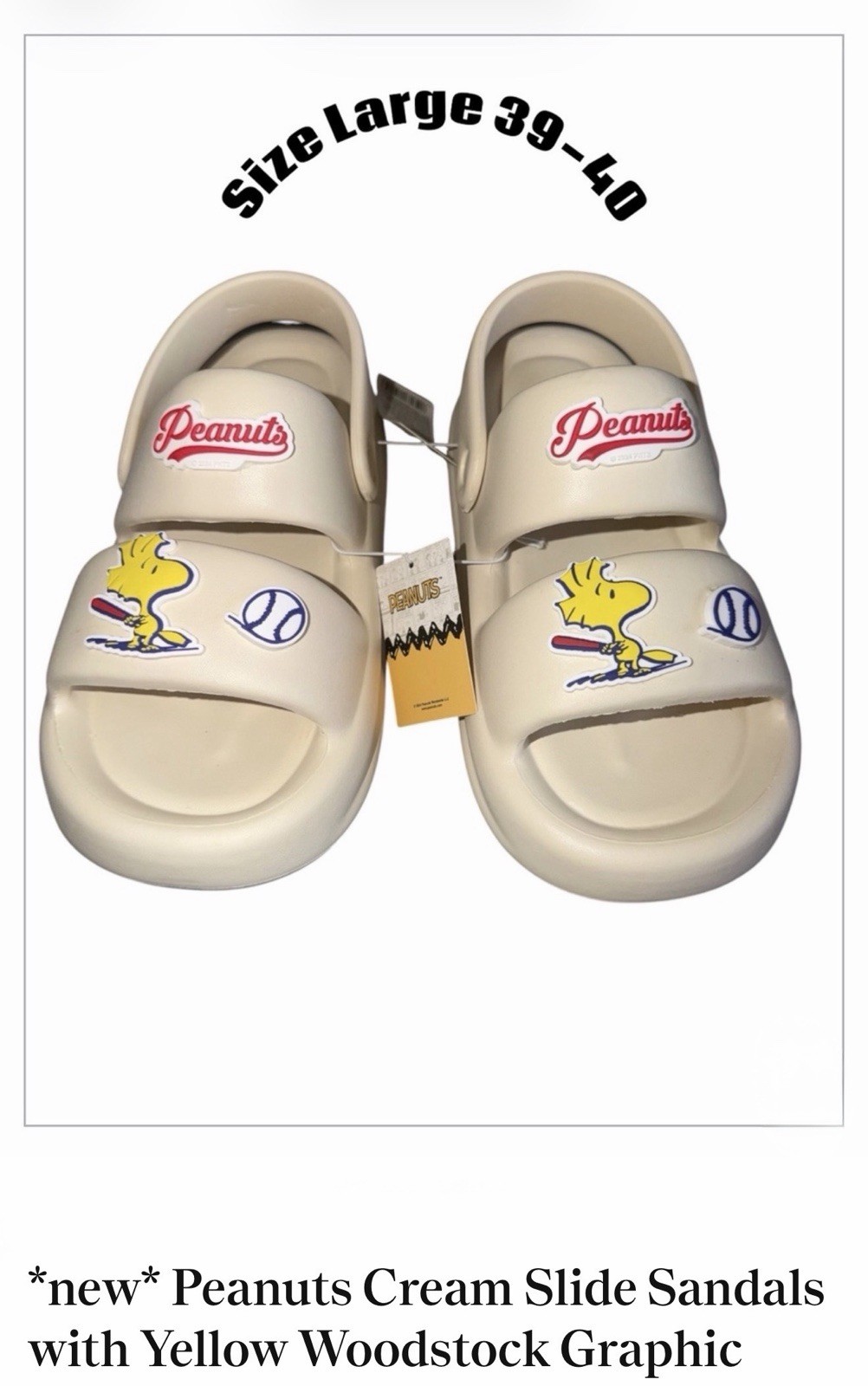 *nuevo* Sandalias Deslizables Crema Cacahuetes con Gráfico Woodstock Amarillo Talla Grande 39-40