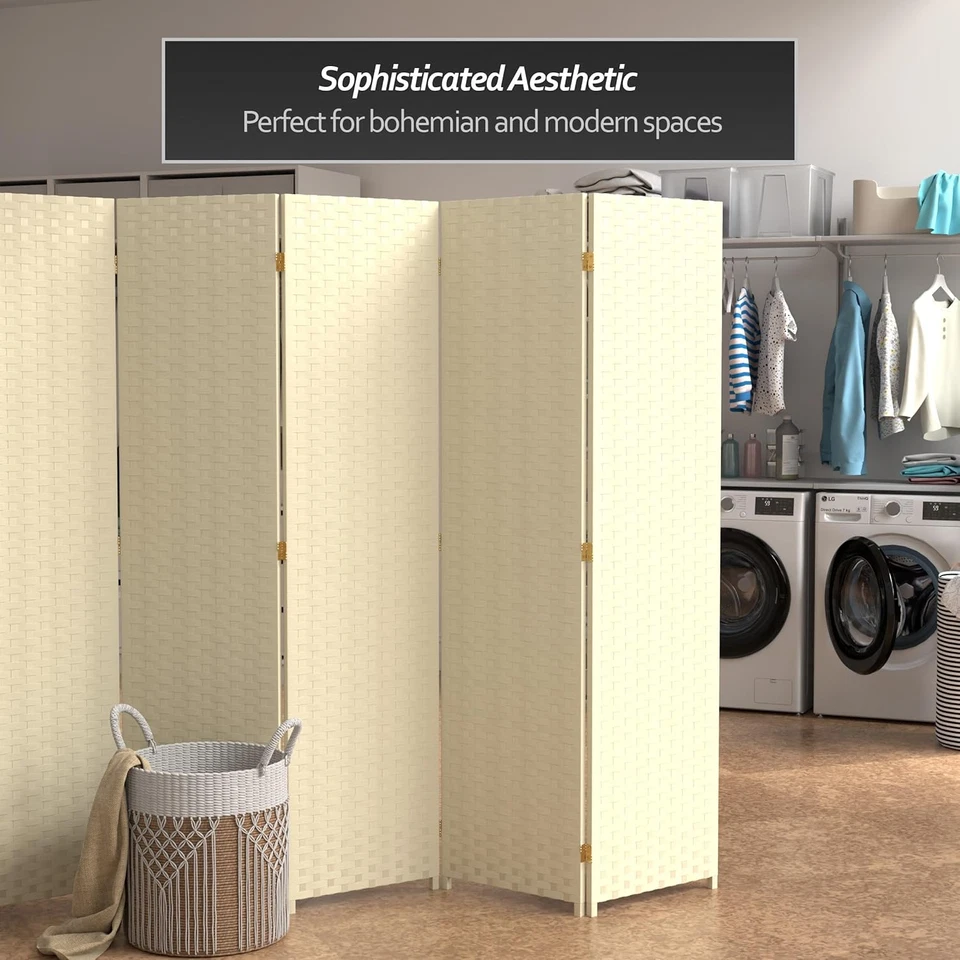 6 pies Divisor de habitación alto de fibra tejida - 5 paneles - crema Foto 2 de 4