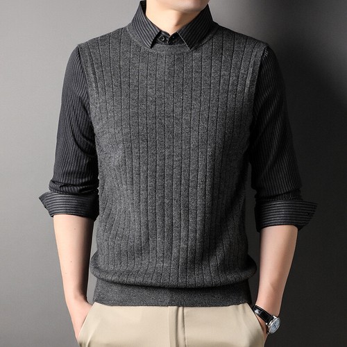 Winter Men Fake Two Pieces Slim Fit Sweaters Thickened Warm Pullover Knit Shirt - Picture 4 of 16