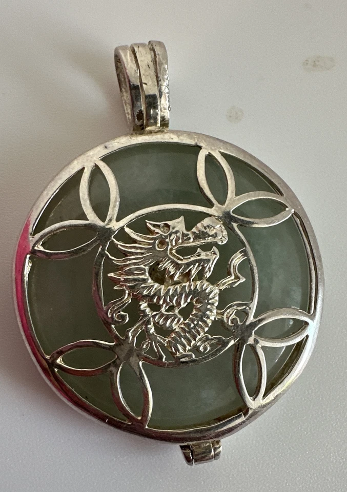 925 Sterling Silver Jadeite Jade Dragon Pendant China Vintage! - Image 3 of 4