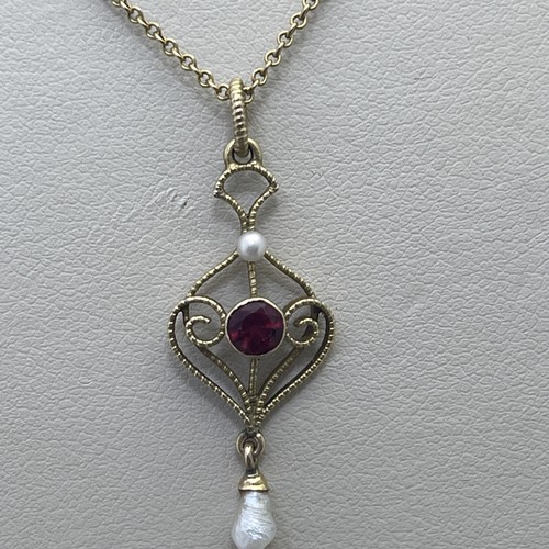 14k Gelbgold Antik Viktorianisch Dünn Kabel Kette & Tropfen Anhänger mit Perle - Bild 2 von 6