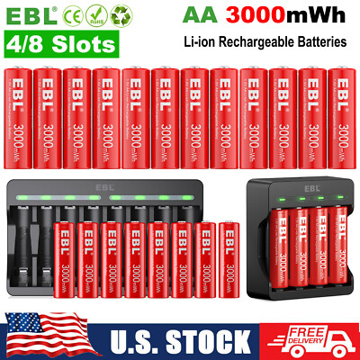 EBL 3000mWh 1.5V AA Rechargeable Li-ion Batteries Double A Lithium Batteries Lot