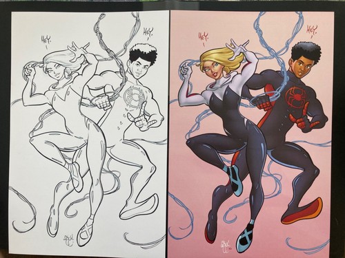 MILES AND GWEN MARVEL COMICS SPIDER-MAN SPIDER-VERSE 11x17 Original Art SALE!!!