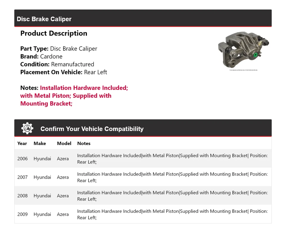 Pinza de freno de disco trasera izquierda Cardone 2007 2008 Hyundai Azera 2006-2009 Foto 2 de 4
