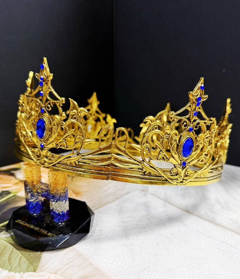 Corona renacentista, cosplay corona de oro, corona de piedra azul príncipe, utilería teatral Foto 2 de 4