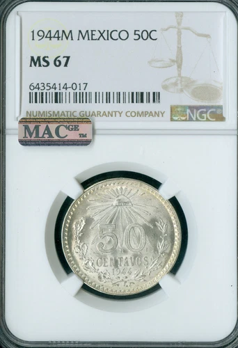 1944 MEXICO SILVER 50 CENTAVOS NGC MS67 PQ 2ND FINEST MAC SPOTLESS WHITE LABEL *