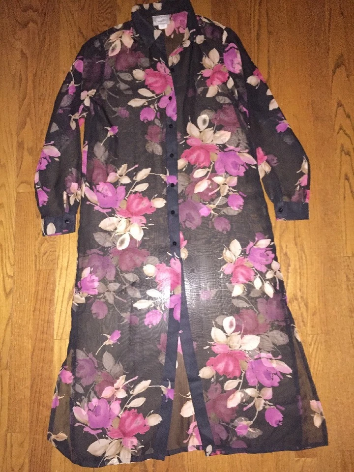 BLAIR 花卉和服黑色和红色粉红色玫瑰夹克长款透明外套女式小号 — 第 3/4 张图片