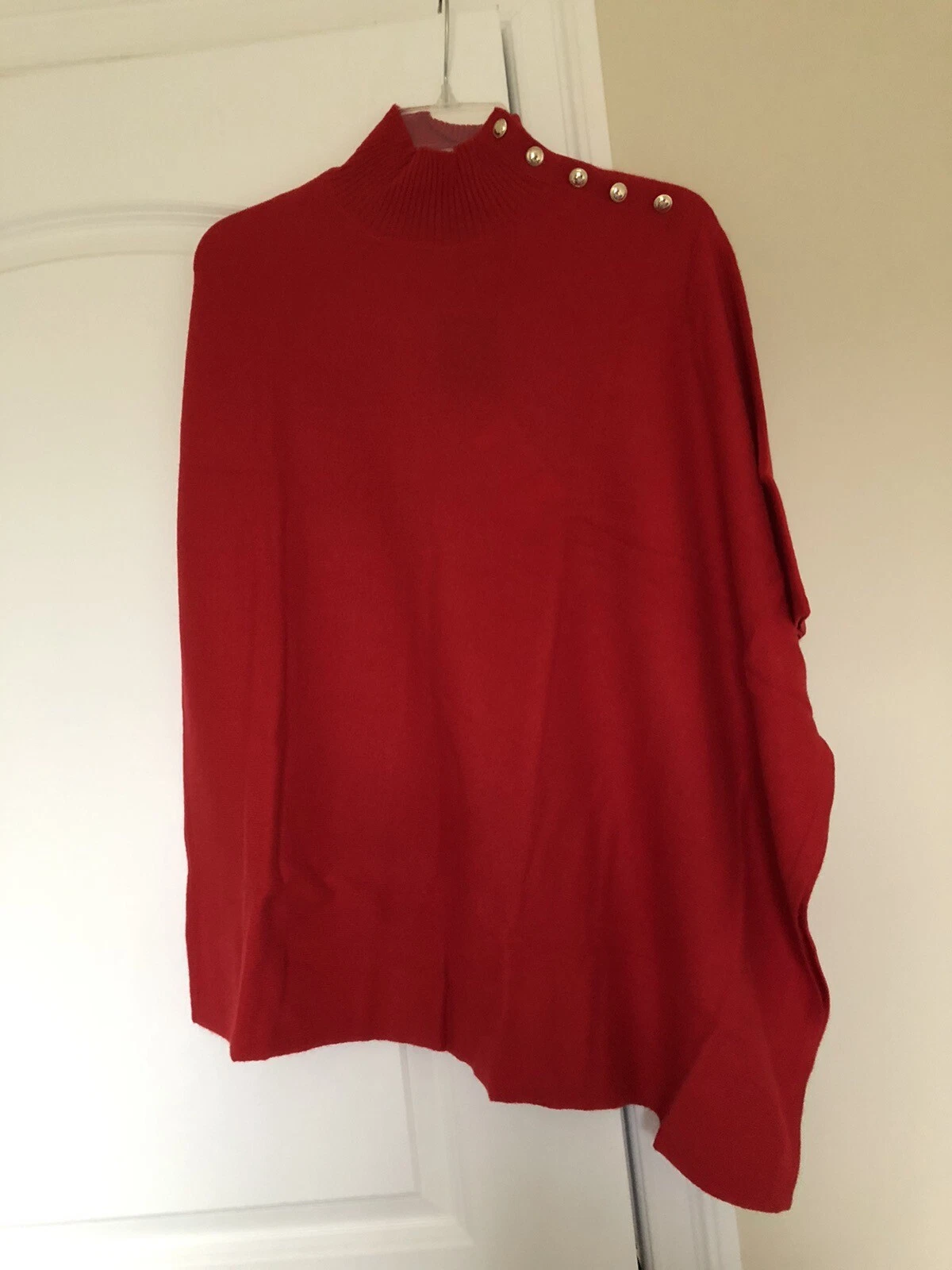 Charter Club Women's 100% Cashmere Turtleneck Poncho, Red Gold Buttons One Size