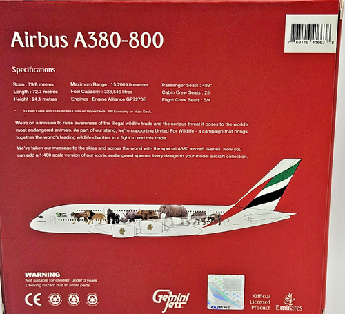 Emirates Airbus A380-800 GeminiJets 1/400 Wildlife Limox 1663 Reg A6-EEQ - Photo 11 sur 13