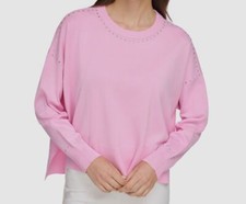 DKNY Women's Pink Studded Drop-Shoulder Crewneck Pullover Sweater Size L