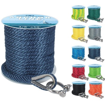 Anchor Rope 50 Ft x 3/8 Inch Premium Solid Braid MFP Anchor Line with 316 Sta...