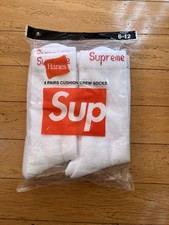 Supreme Hanes Crew Socks - White, Pack of 4, Size 6-12 Free Shipping