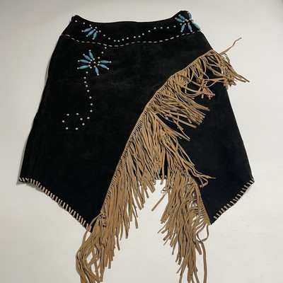 3B WEST Suede Skirt Womens XL Asymmetrical Fringe Leather Black Tan NWT