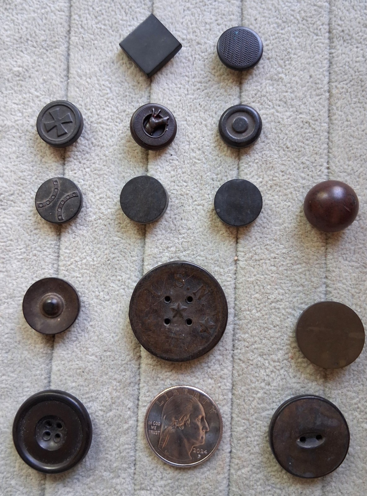 16 Antique Goodyear's Rubber Buttons: US Navy 1851, Deer in Tire, Round Ball etc