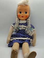 Vtg 1940's SUTTON & Sons CLOTH DOLL Blue Polka Dot Dress Blue Braids ENGLAND 16