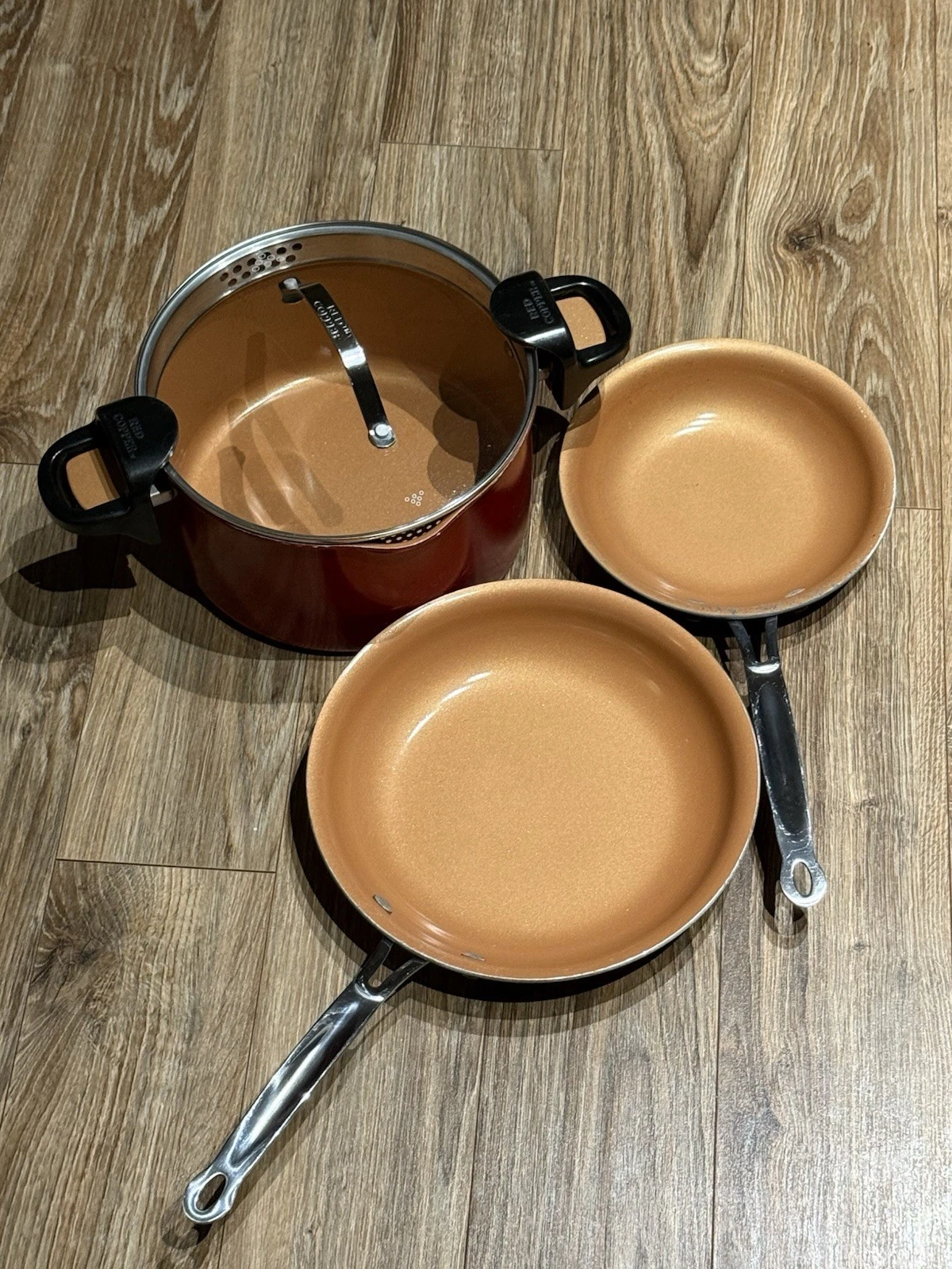 Red Copper 4pc Cookware Set 5Qt Better Pasta Pot Locking Lid Skillets Lot