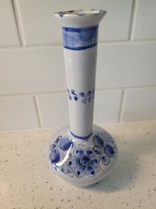 vintage tonala mecico folk art bud vase,blue and gray,flowers,butterfly,signed