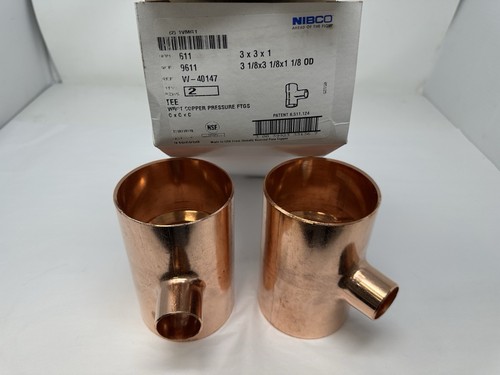 Lot of 2 NIBCO 611 9611 Reducing Outlet Copper Tee 3" x 3" x 1" I.D.  Free Ship