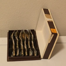 Vintage Bamboo Design Nickel Brass Gold Tone Demitasse Spoons Thailand Box of 6