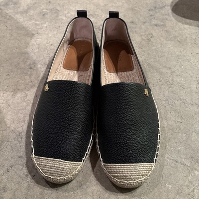Ralph Lauren Cameryn Espadrille Flat Shoes Tumbled Leather Black Size 9
