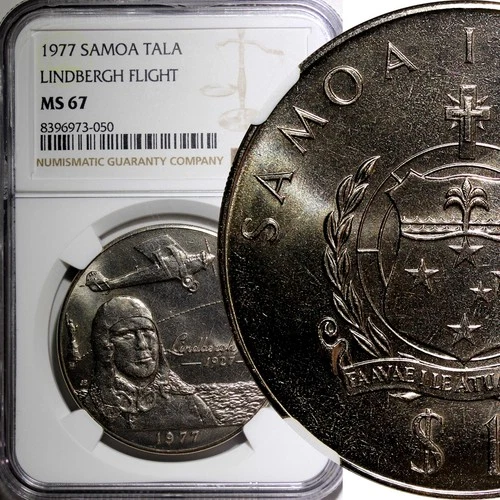 Samoa 1977 Tala Lindbergh Flight 38.8 mm NGC MS67 TOP GRADED  KM# 26 (050)