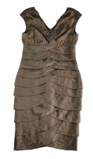 London Times Dress Women's 6 Bronze Metallic Tiered Ruffle Sheath V-Neck Shimmer