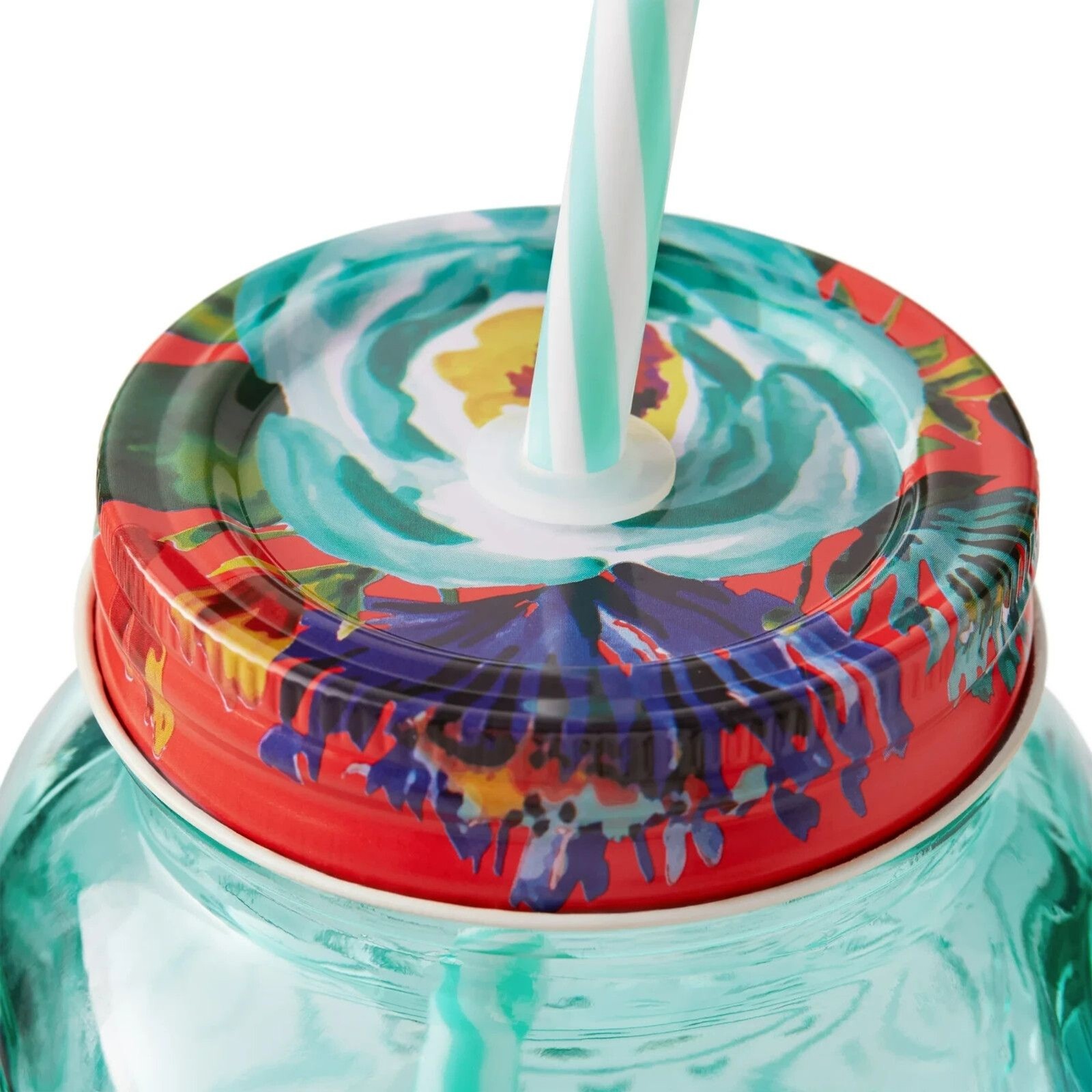Pioneer Woman Cassie Mason Jar Drinking Glass Lid Straw Teal Handle 32 oz NEW