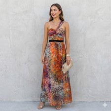 BCBGMAXAZRIA Inga Maxi Dress Multicolor One Shoulder Silk Metallic Print size 4