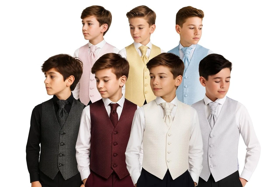 SIRRI BOYS FORMAL WAISTCOAT CRAVAT HANDKERCHIEF SET WEDDING PROM COMMUNION CHRISTENING
