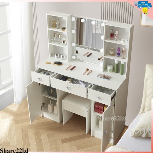 Set sgabello tavolo trucco vanità con specchio luce e armadi cassetti spogliatoio - Foto 6 di 13