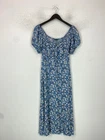 Roman Blue Floral Midi A-line Dress Puff Sleeve UK 14