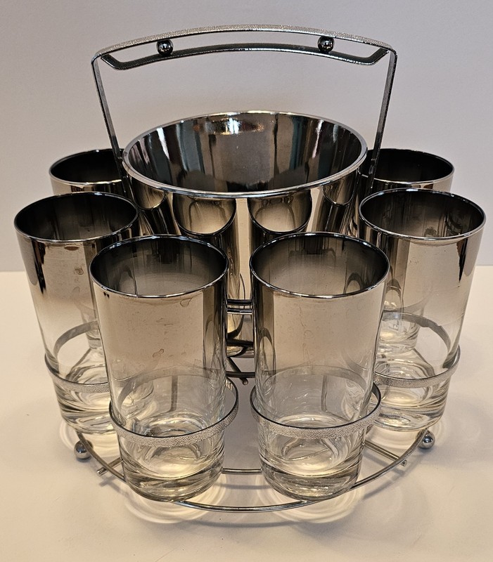 MCM Dorothy Thorpe Style 8 SILVER FADE  Bar Tumblers & Ice Bucket with Caddy