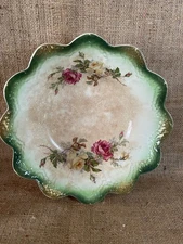 ANTIQUE LA BELLE CHINA SERVING BOWL GREEN W/PINK ROSES LATE 1800'S 10.5"X3"