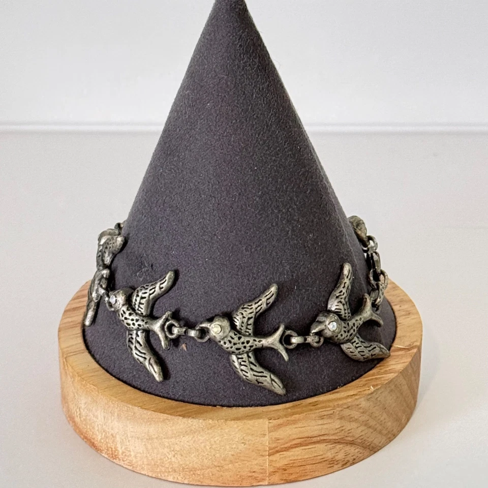 Flying Swallow Bird Charm Bracelet Rhinestone Eyes Silver Tone - Image 3 of 4