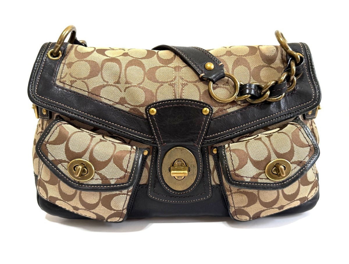 【最終値下げ】コーチ キャンバス レザー ボディ ハワイアン ボタニカル y2k RARE Coach Vtg Legacy Leigh Y2K Signature Khaki Black Hobo Bag