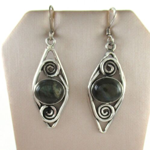 .925 Sterling Silver Labradorite Statement Earrings Spiral Boho Hippie Unique