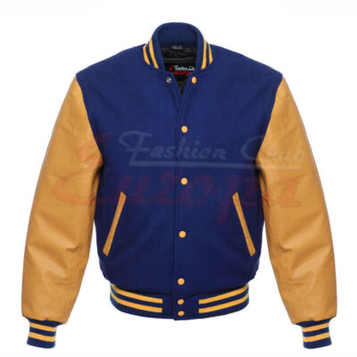 New Men Royal Blue Wool Varsity Bomber Baseball Jacket Gold Real Leather Sleeves