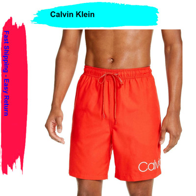 Calvin Klein Men's Logo 7'' Volley Swim Trunks 50+ SPF Quick Dry Orange,L