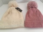 FLEECE LINED Bling Cream Winter Cable Knit Pompom Beanie Hat & Pink Shiny Beanie — photo 1