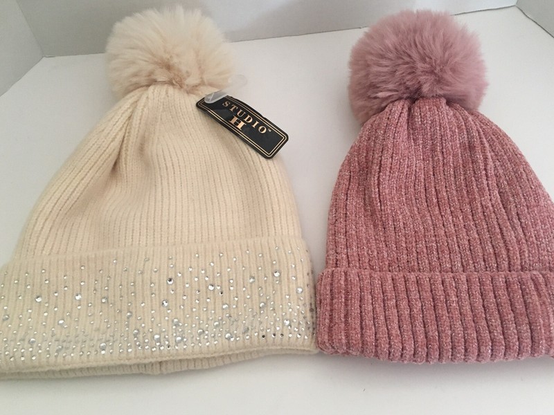 FLEECE LINED Bling Cream Winter Cable Knit Pompom Beanie Hat & Pink Shiny Beanie