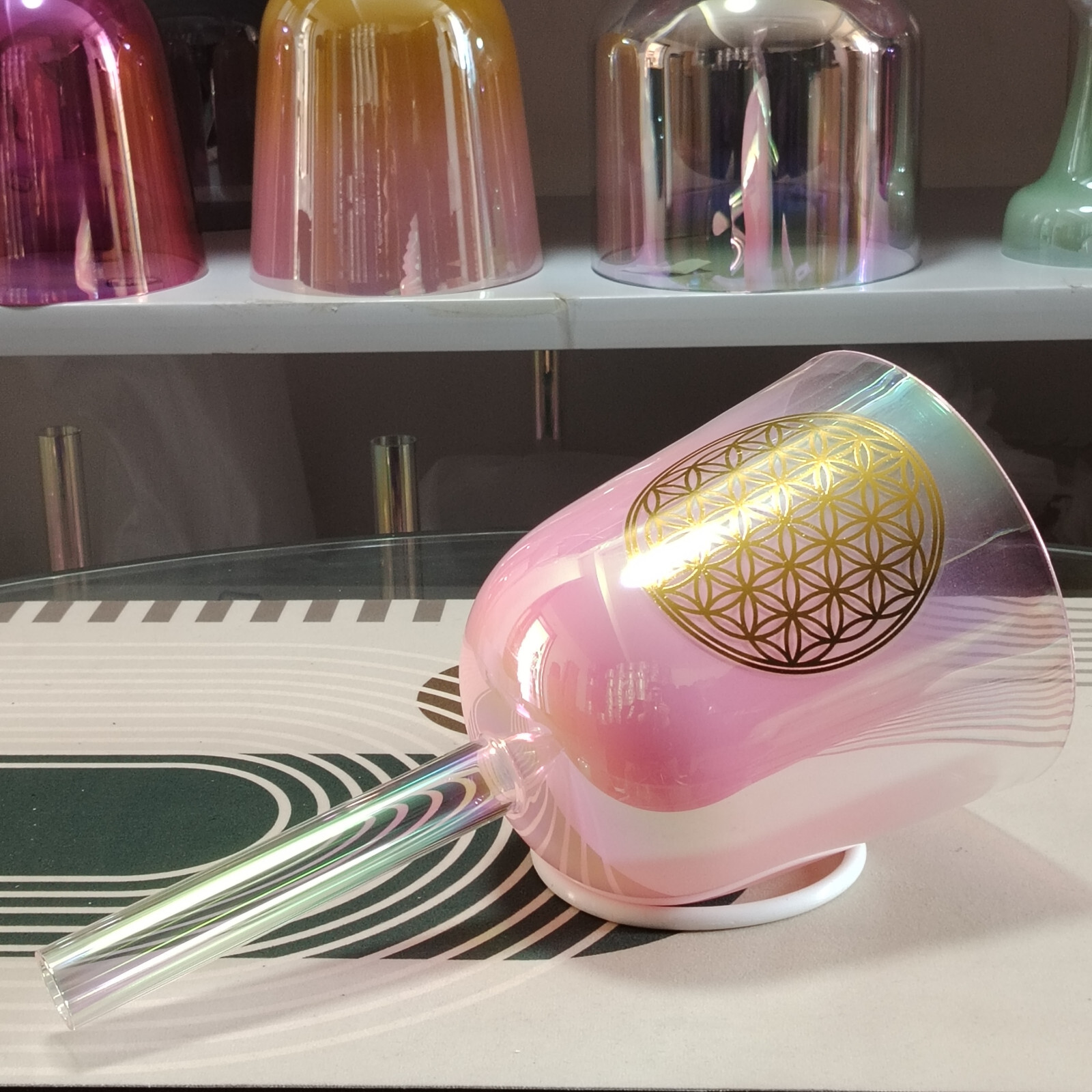 432Hz Cosmic Handle Clear Color F Heart Chakra Quartz Crystal Singing Bowl 6"