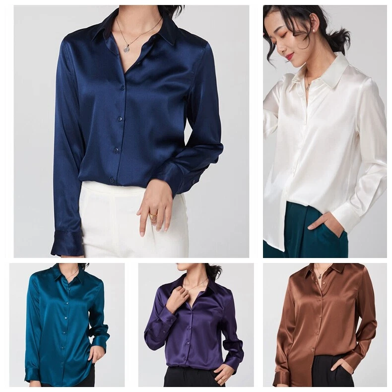 Pure Mulberry Silk Long Sleeve Button Down V Neck Workwear Blouse Top Shirts - Image 2 of 4