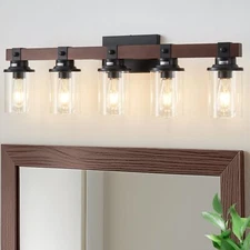 5 Lights Vintage Wood Black LED Vanity Light For Bathroom Mirror Wall Fixture