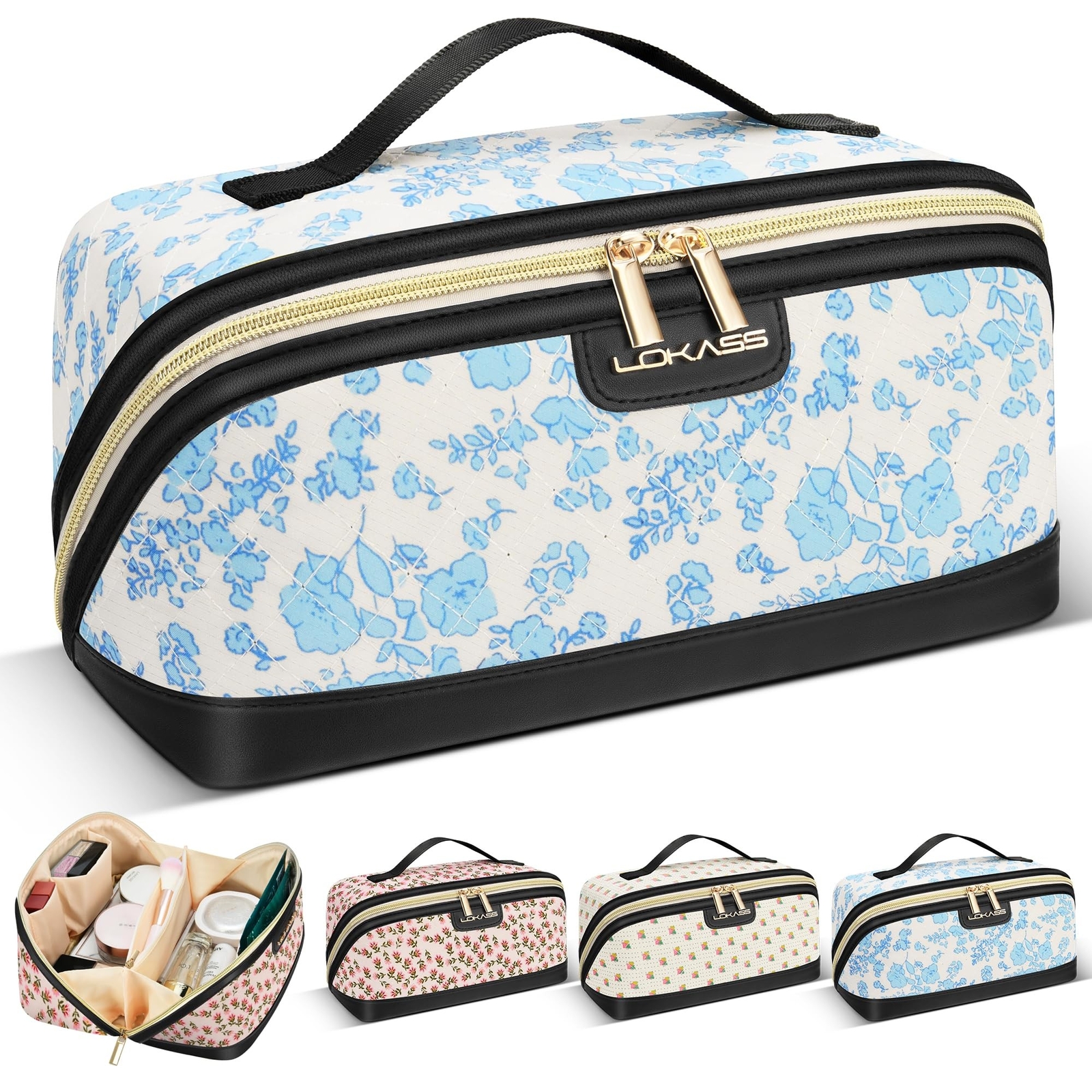 Large Floral Makeup Bag for Travel – Spacious Cosmetic Organizer with Multiple Pockets