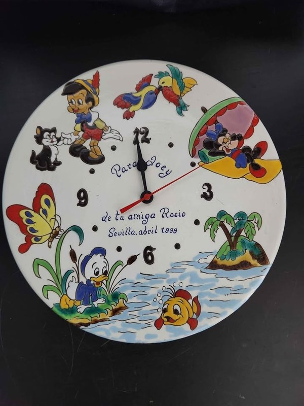 Hand-painted Disney Clock w/multiple characters- Pinnochio- AA battery operated